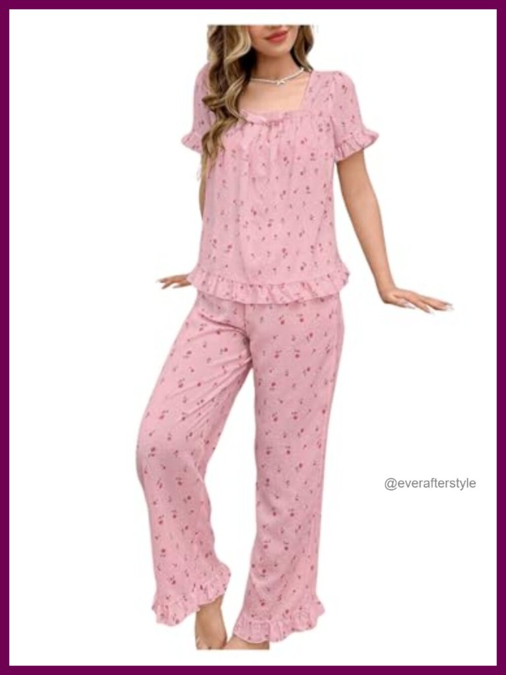 Women's 2 Piece Pajama Set Ruffle Sleeve Bow Square Neck Soft Sleepwear